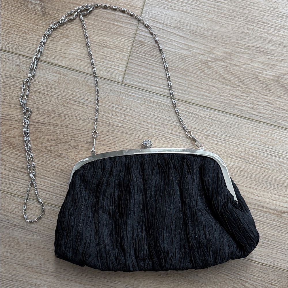 Neiman Marcus Elegant Black Evening Clutch with Silver Chain